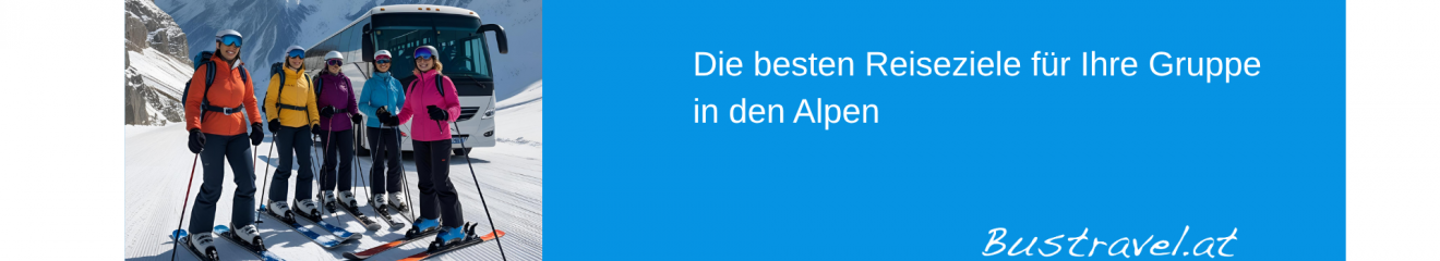 Skifahrer in den Alpen. Busreise für Skifahrer.