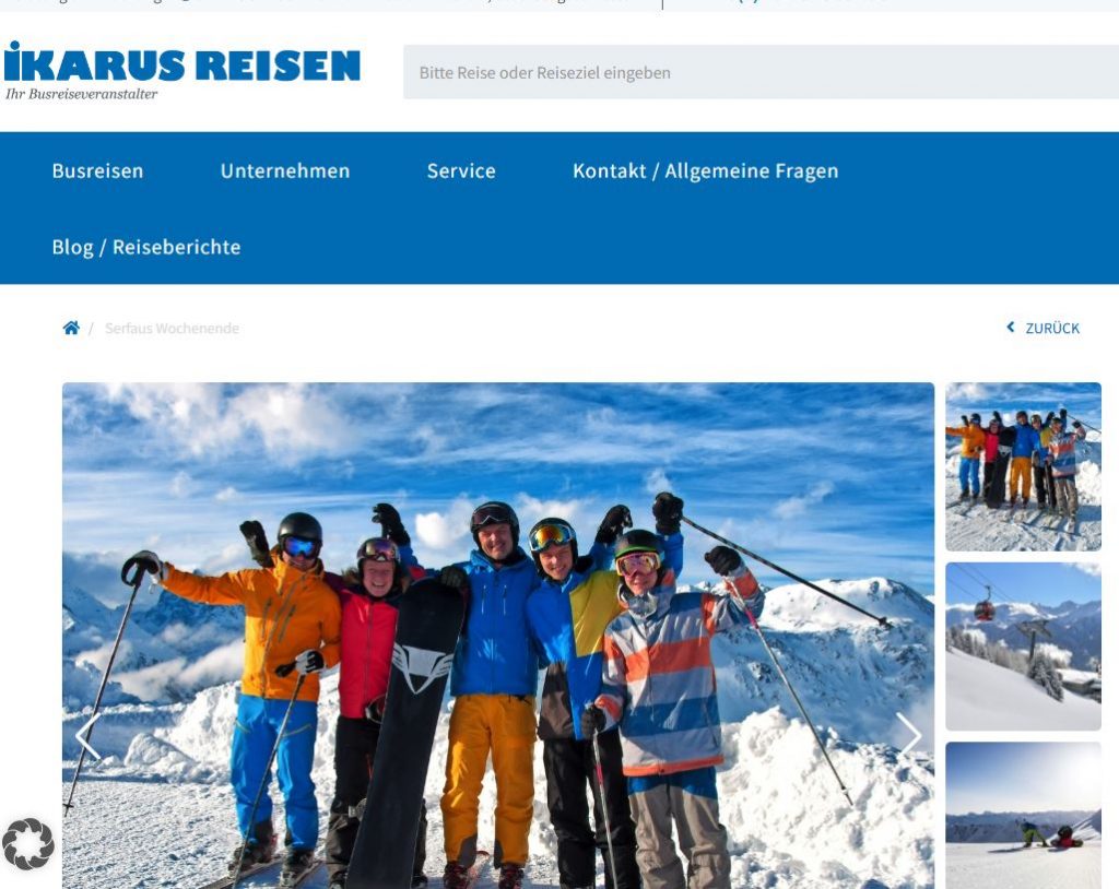 Busreise zum Skifahren nach Tirol mit Ikarus Reisen. Gruppe von Skifahrern auf dem verschneiten Berg.