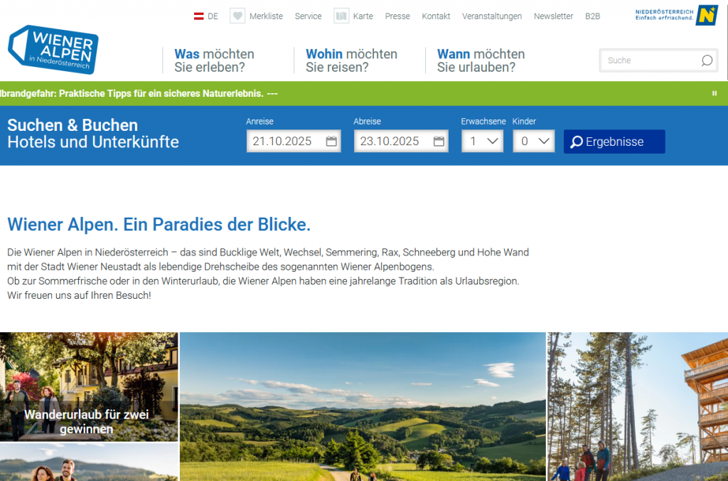 Das ist die Landingpage der Wiener Alpen - mit Buchungsmögilchkeit für Gruppen und Busse
